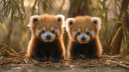 Obraz premium Two red panda cubs in bamboo forest