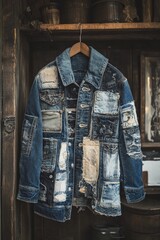 Denim jacket displayed against rustic background showcases uniqu