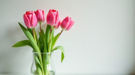 Obraz premium A Delicate Bouquet of Pink Tulips in a Clear Glass Vase Against a Simple White Background