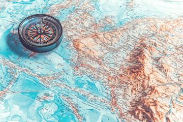 Detailed Compass on Vibrant World Map Marking Locations and Routes for Navigation Exploration
