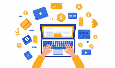 Digital finance professional engaged in analysis, focused expression, modern workspace, laptop illuminated by soft light, documents scattered around