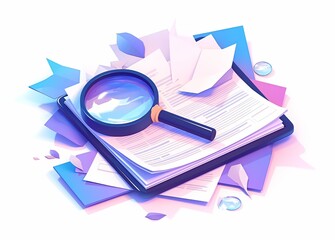 3D icon of clipboard with magnifying glass, purple and blue color palette, white background