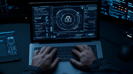 Focused individual engaged in digital tasks, surrounded by security icons, symbolizing cybersecurity and online safety awareness.