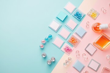 Colorful arrangement of beauty products and decorative elements