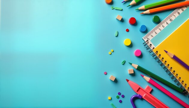 Colorful school supplies arranged on vibrant blue background. Brightly colored pencils crayons rulers, notebooks laid out creating back-to-school scene. Plenty of copy space surrounds supplies. Photo