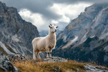 Fototapeta premium White goat standing high in the mountains with a cloudy sky in the backdrop