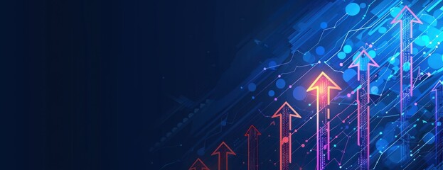 Upward trending arrows, growth, digital background. Stock photo
