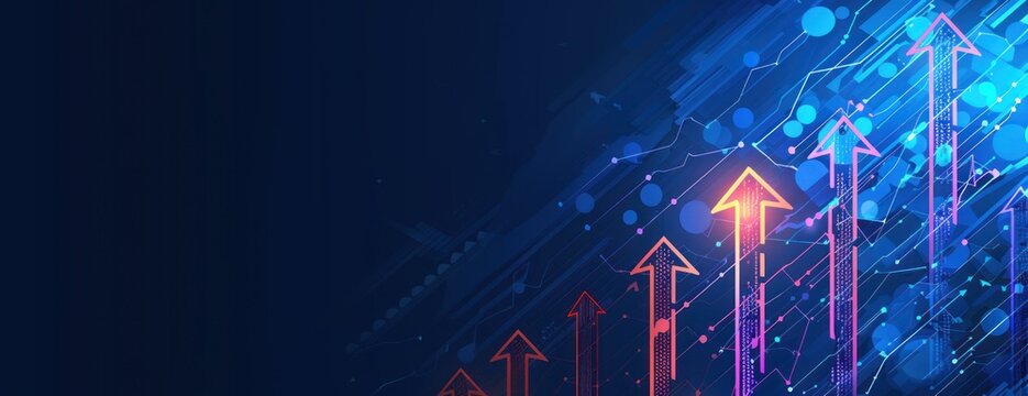 Upward trending arrows, growth, digital background. Stock photo