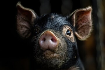 Alert piglet with black coat and light patches captured in a close-up shot