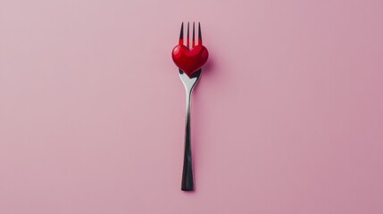 Fork and silverware with a red heart and rose flower on a pink background representing a romantic Valentines Day dinner concept