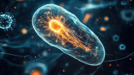 Obraz premium Cellular representation highlighting bioluminescent microbe in a dark environment with emerging light patterns. Generative AI