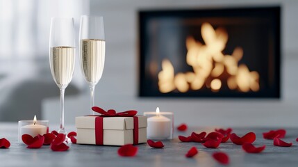 Front view of a romantic Valentines Day scene featuring gifts candles rose petals a fireplace and champagne glasses A lifestyle and love celebration concept with copy space at the