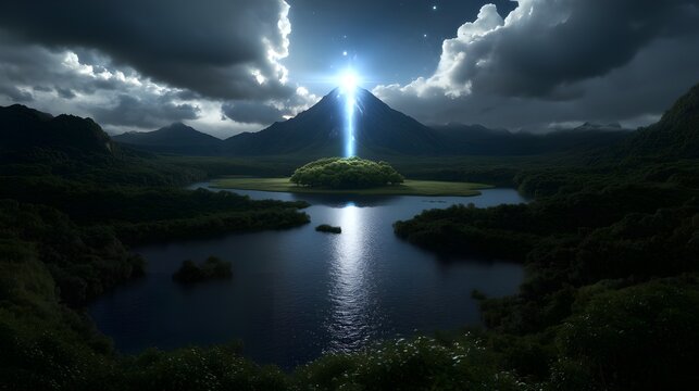 Surreal landscape, mystical light beam from sky, dramatic stormy clouds, moonlit water, dark mountains, reflective lake, ethereal atmosphere, night scene, cosmic energy, otherworldly glow, fantasy