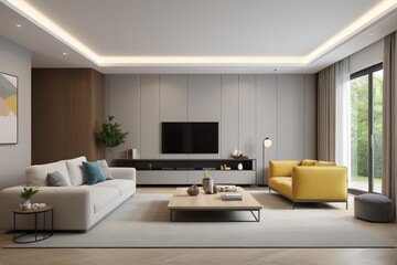 Fototapeta premium arafed living room with a couch, chair, coffee table and television