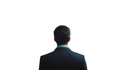 Businessman standing alone in a suit on an isolated white background symbolizing solitude and professionalism.