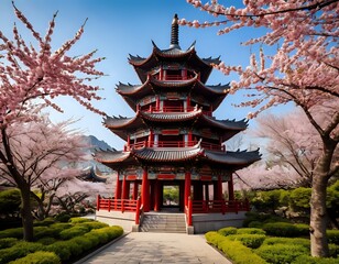 Fototapeta premium Serene Pagoda Amidst Blooming Cherry Blossoms: A Peaceful Asian Landscape