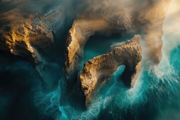 Mysterious coastal formations emerge from vibrant turquoise wave