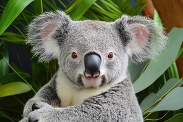 Obraz premium Koala close-up with grey fur and large ears in natural leafy background