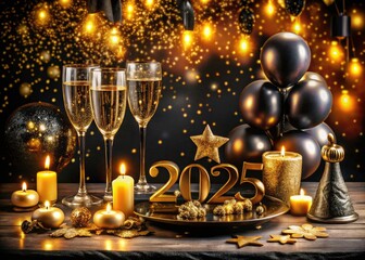 Step back in time: a sophisticated 2025 New Year's Eve party, gold & black vintage theme.