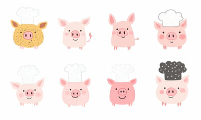 Obraz premium Culinary Swine, a whimsical gathering of pigs adorned in unique chef hats, showcasing their playful personalities and diverse culinary styles.