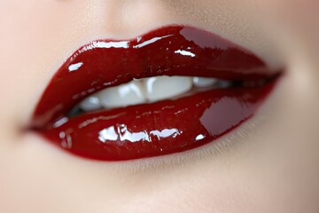 Obraz premium Glossy red lips shine with allure, highlighting beauty and confi
