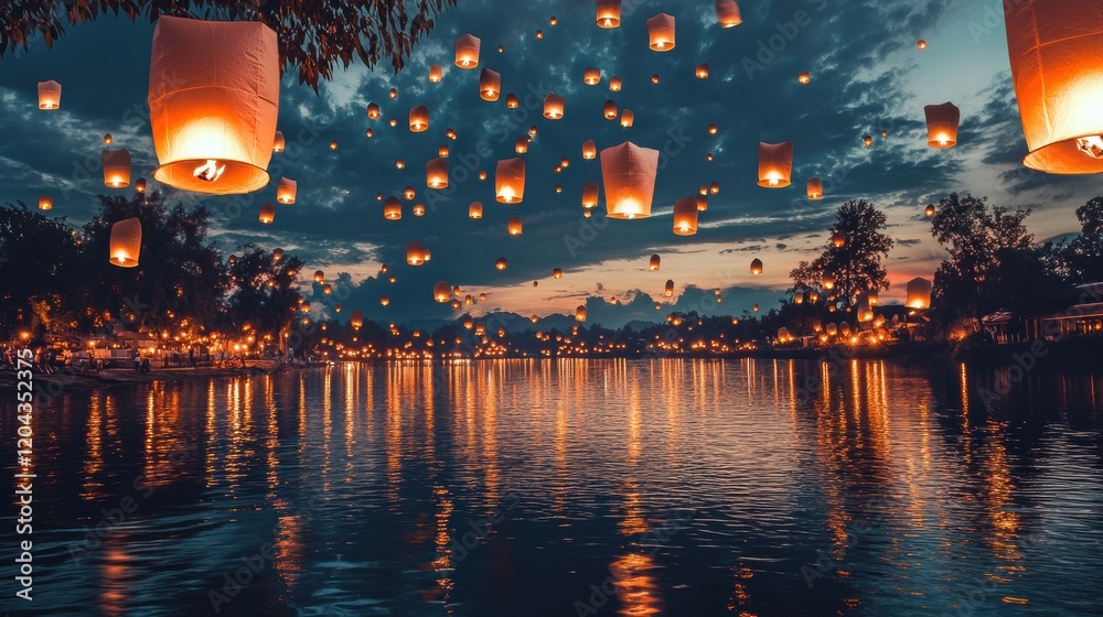 Poster Lanterns floating over a tranquil lake at dusk creating a magical atmosphere in nature. Generative AI