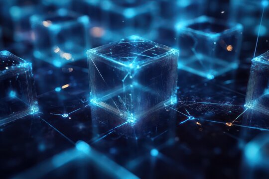 Abstract representation of blockchain with interconnected blocks.