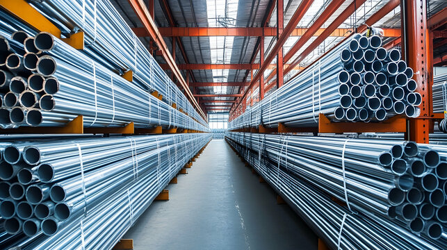 High-quality galvanized steel pipes stored in a well-organized warehouse