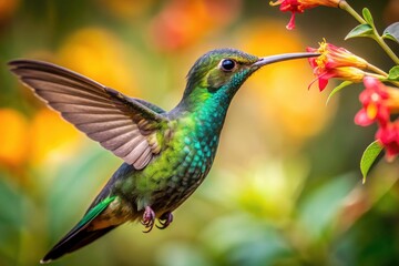 Fototapeta premium Stunning close-up of a sword-billed hummingbird; a rare sight, feeding in flight, high-resolution.