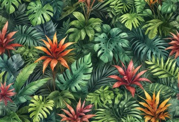 Watercolor background with a colorful array of jungle plants, green, plants, colorful, nature