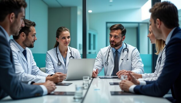 Hospital staff members meeting. Healthcare professionals discuss strategies for patient care improvement, hospital operation optimization in pro medical setting. Diverse team members collaborate,