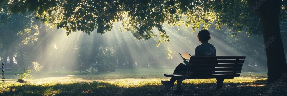 Aufkleber person enjoying serenity on a park bench while using a tablet amid soft sunlight filtering through t