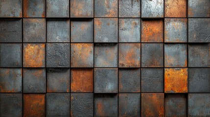 Rusty metal cube wall background, industrial design.