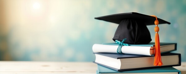 Graduation cap sits atop stack of books, diploma. Education success concept. Financial aid, student loan repayment assistance program. Student debt management, support options for students. Learning,