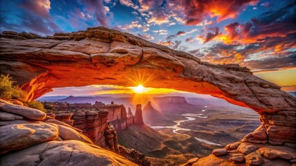 Fototapeta premium Stunning sunrise paints Canyonlands' Mesa Arch in fiery hues, a desert vista photographer's dream.