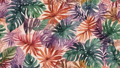 Watercolor illustration of tropical leaf pattern in burnt orange, forest green, pink, lavender, and purple colors, botanical, nature, background, textured, artistic