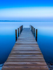 Fototapeta premium Minimalist Winter Sunrise Fog Over Lake Dock - Serene winter sunrise, fog shrouds a tranquil lake, wooden dock extends invitingly, symbolizing peace, solitude, mystery, journey, and hope.