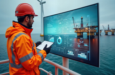 Offshore wind turbine maintenance engineer examines digital display of data. Stands on platform overlooking sea, distant oil rigs. Uses tablet, analyzes tech data for efficient energy. Future eco