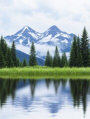 Misty Mountain Lake Serenity - Serene mountain lake reflecting snow-capped peaks, symbolizing peace, tranquility, nature's beauty, reflection, and escape.