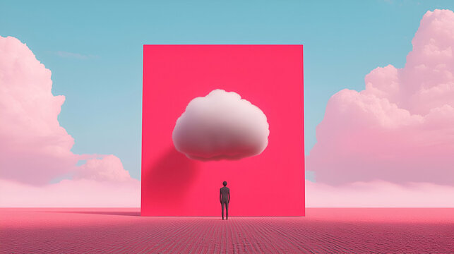 Surreal Encounter, a figure stands with a whimsical cloud for a head, merging dreamlike elements with an imaginative landscape.