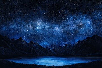 Naklejka premium Majestic night sky filled with stars reflects on tranquil blue l