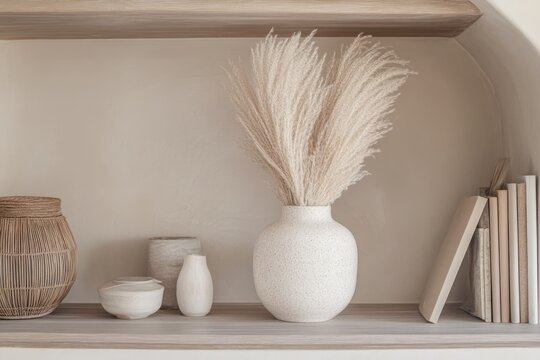 Spotless Ceramic Vase on Polished Shelf With Organized Decor and Feather Duster