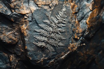 Fossilized fern leaves embedded in textured rock create striking