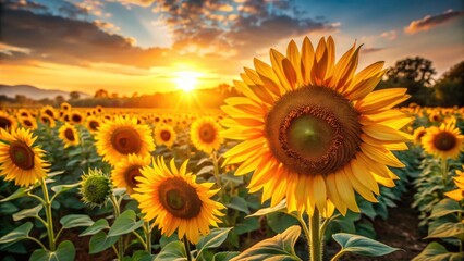 Fototapeta premium Sunny sunflowers bask in golden light, a vibrant summer field bursting with joyful blooms.