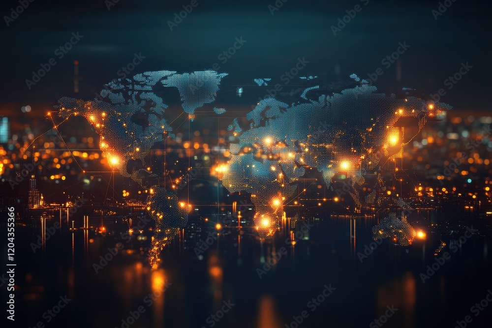 Poster Visual representation of interconnected global network with glowing nodes over cityscape at night. Generative AI
