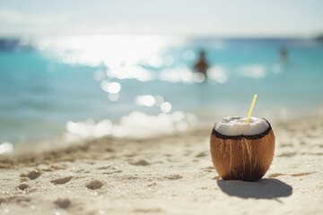 Refreshing coconut drink rests on sandy beach with sparkling oce