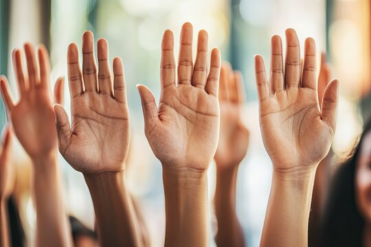 Hands raised in unity express collective support and enthusiasm