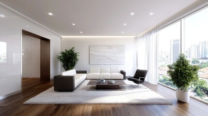 Fototapeta premium Modern living room with large windows, white sofa, and city view.