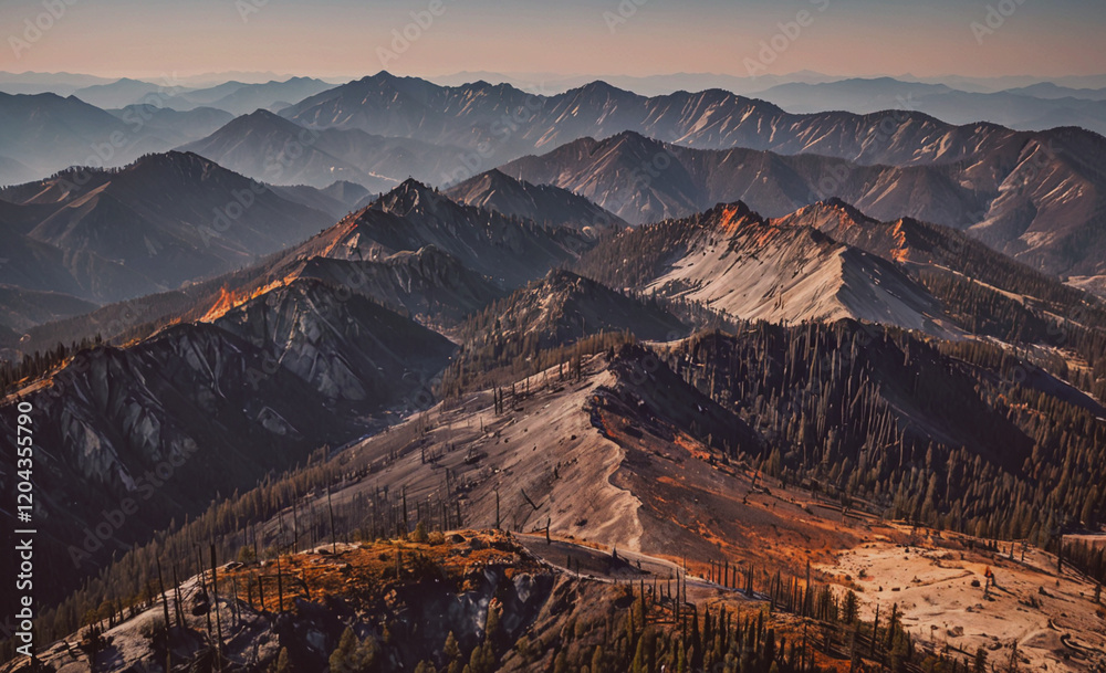 Aufkleber the mountains are covered in trees and the sky is a beautiful shade of orange. the scene is peaceful