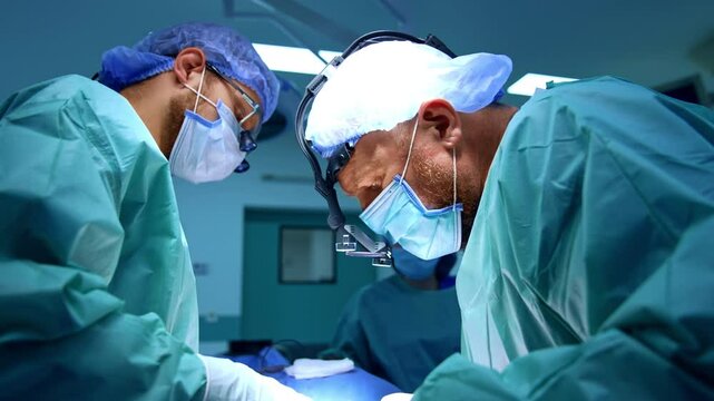 Professional male surgeons cooperate at surgery. Careful doctors perform maxillofacial operation.